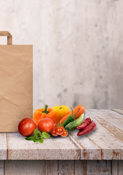 shopping paper bag, vegetables and fruits