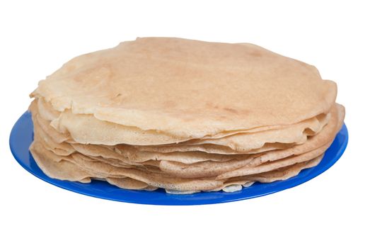 Stack of delicious pancakes on blue plate isolated by white background.