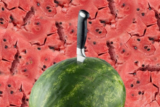 Riped watermelon with knife and red meat background.