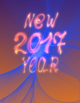 Happy new year 2017 isolated text and numbers written with flame light on bright abstract universe background.