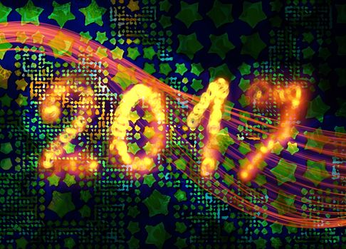 Happy new year 2017 isolated numbers written with flame fire sparkle light on black full of stars background elegant wave.