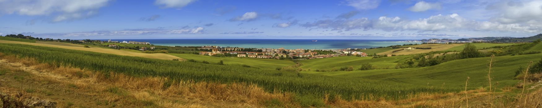 Aerial panoramic view of villages on the adriatic coast near Ancona by beautiful day, Italy