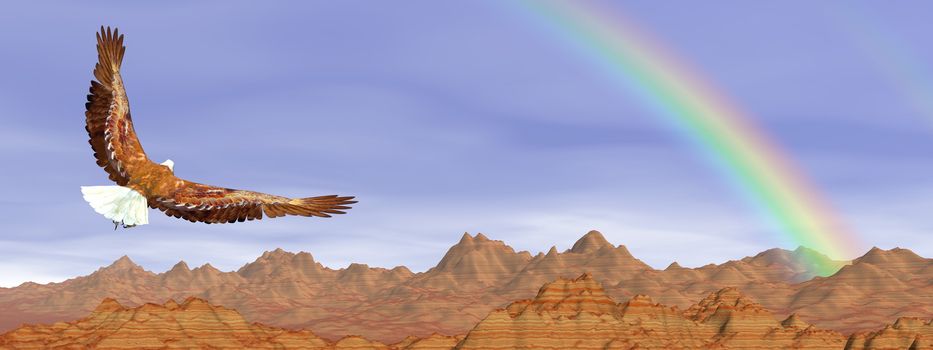 Bald eagle flying upon rocky mountains to the rainbow in blue sky - 3D render