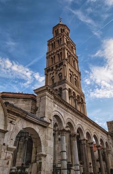 Cclose up on Cathedral of Saint Domnius, Dujam, Duje, bell tower in old town, Split, Croatia, HDR by day