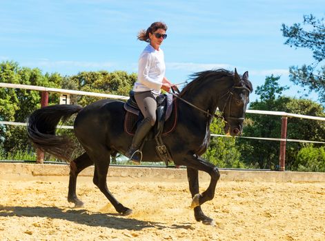 riding woman on a white stallion training in dressage