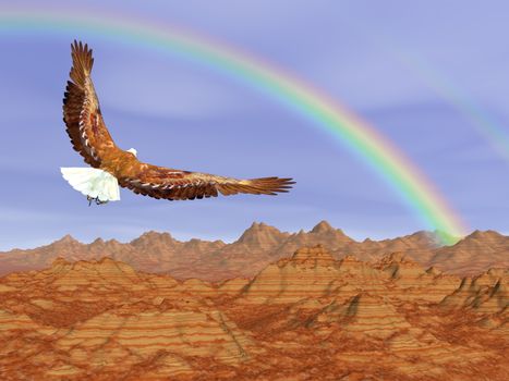 Bald eagle flying upon rocky mountains to the rainbow in blue sky - 3D render