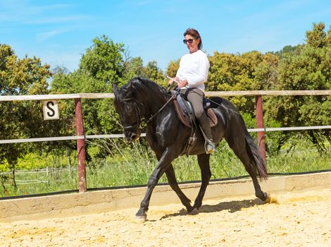 riding woman on a white stallion training in dressage