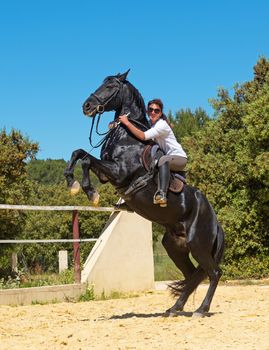 riding woman on a white stallion training in dressage