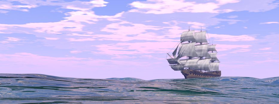 Old merchant ship on the ocean by day - 3D render