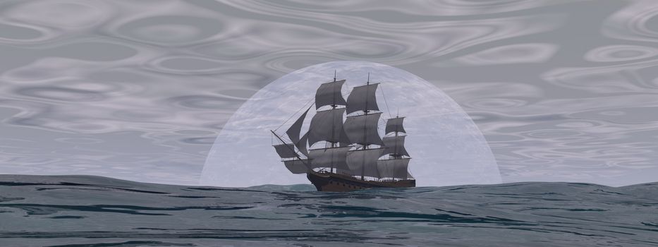 Old merchant ship in front of the moon on the ocean by cloudy day - 3D render