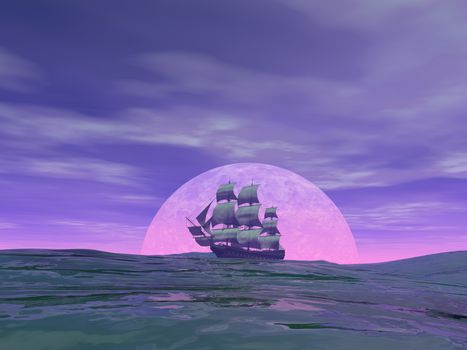 Old merchant ship in front of the moon on the ocean by cloudy sunset - 3D render