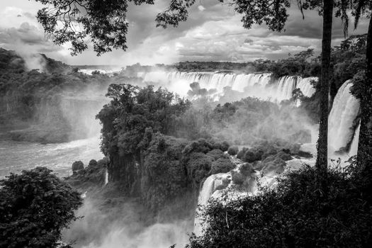 iguazu falls national park. tropical waterfalls and rainforest landscape. Black and white