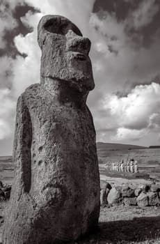 Moai statue, ahu Tongariki, easter island, Chile. Black and white picture