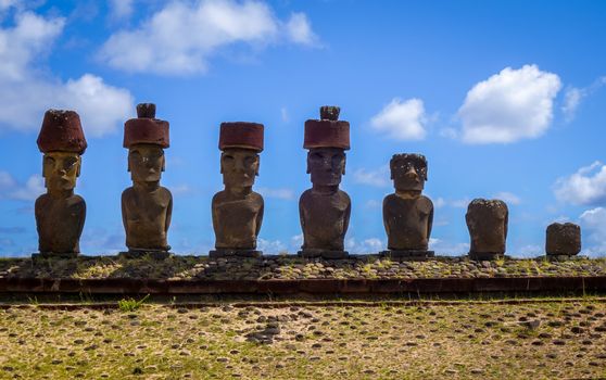 Moais statues site ahu Nao Nao on anakena beach, easter island, Chile