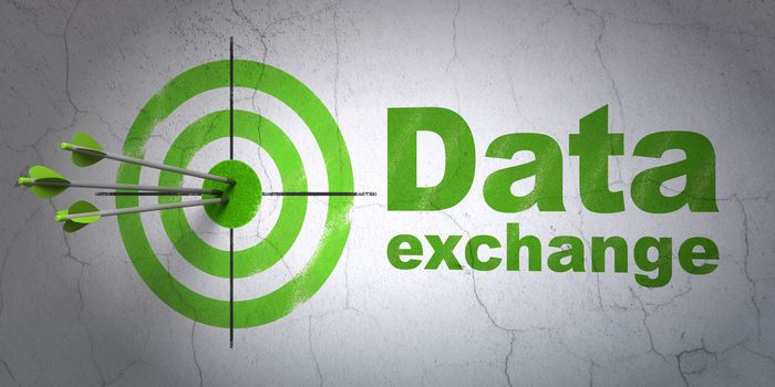 Success Information concept: arrows hitting the center of target, Green Data Exchange on wall background, 3D rendering