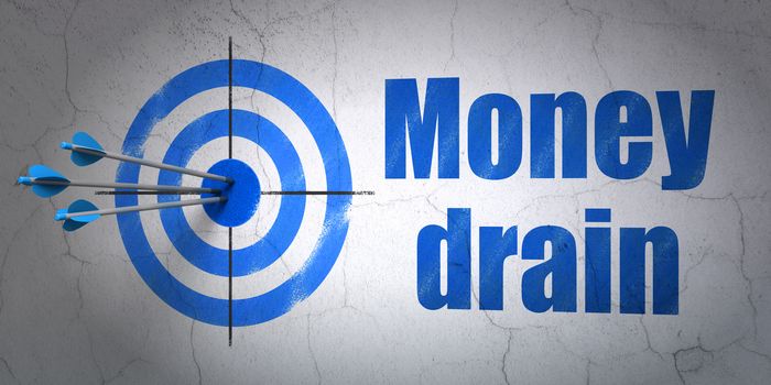 Success currency concept: arrows hitting the center of target, Blue Money Drain on wall background, 3D rendering