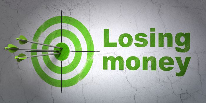 Success currency concept: arrows hitting the center of target, Green Losing Money on wall background, 3D rendering