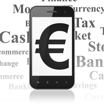 Banking concept: Smartphone with  black Euro icon on display,  Tag Cloud background, 3D rendering