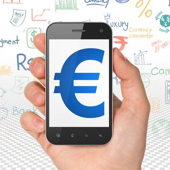 Currency concept: Hand Holding Smartphone with  blue Euro icon on display,  Hand Drawn Finance Icons background, 3D rendering