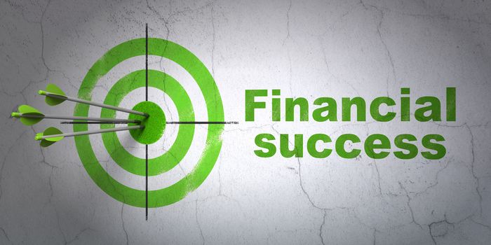 Success money concept: arrows hitting the center of target, Green Financial Success on wall background, 3D rendering