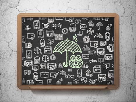 Privacy concept: Chalk Green Family And Umbrella icon on School board background with  Hand Drawn Security Icons, 3D Rendering