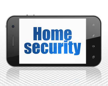 Protection concept: Smartphone with blue text Home Security on display, 3D rendering