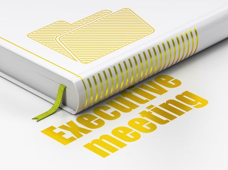 Finance concept: closed book with Gold Folder icon and text Executive Meeting on floor, white background, 3D rendering