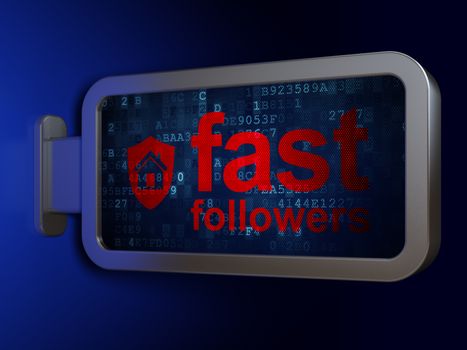 Business concept: Fast Followers and Shield on advertising billboard background, 3D rendering