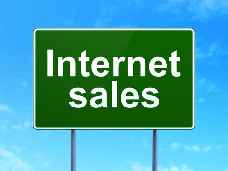 Advertising concept: Internet Sales on green road highway sign, clear blue sky background, 3D rendering