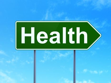 Healthcare concept: Health on green road highway sign, clear blue sky background, 3D rendering