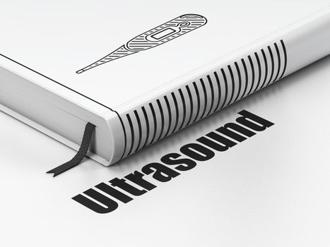 Medicine concept: closed book with Black Thermometer icon and text Ultrasound on floor, white background, 3D rendering