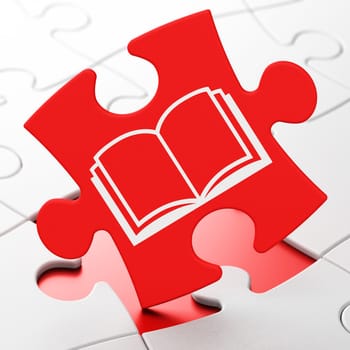 Science concept: Book on Red puzzle pieces background, 3D rendering