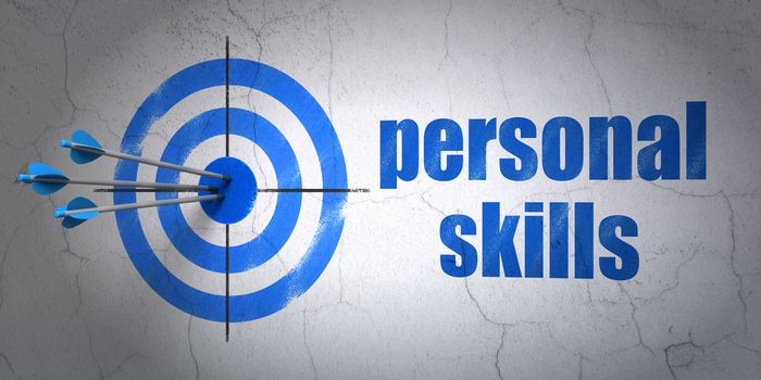 Success Learning concept: arrows hitting the center of target, Blue Personal Skills on wall background, 3D rendering