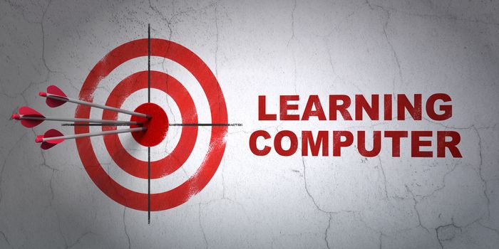 Success Learning concept: arrows hitting the center of target, Red Learning Computer on wall background, 3D rendering