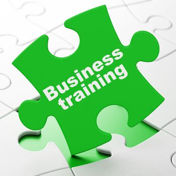 Education concept: Business Training on Green puzzle pieces background, 3D rendering