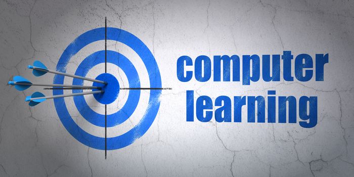 Success Learning concept: arrows hitting the center of target, Blue Computer Learning on wall background, 3D rendering