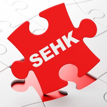 Stock market indexes concept: SEHK on Red puzzle pieces background, 3D rendering