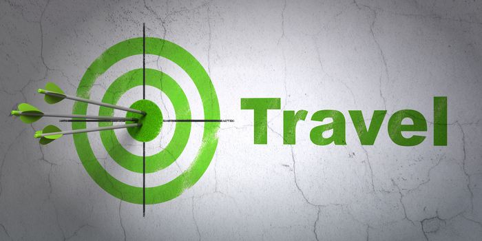 Success entertainment, concept: arrows hitting the center of target, Green Travel on wall background, 3D rendering