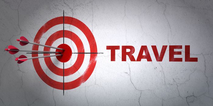 Success entertainment, concept: arrows hitting the center of target, Red Travel on wall background, 3D rendering