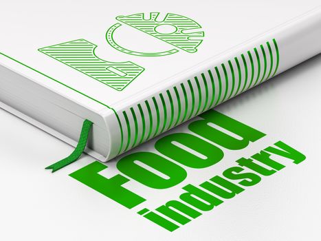 Manufacuring concept: closed book with Green Factory Worker icon and text Food Industry on floor, white background, 3D rendering