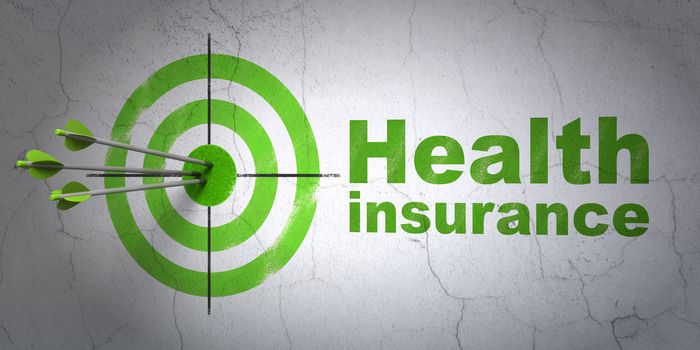 Success Insurance concept: arrows hitting the center of target, Green Health Insurance on wall background, 3D rendering