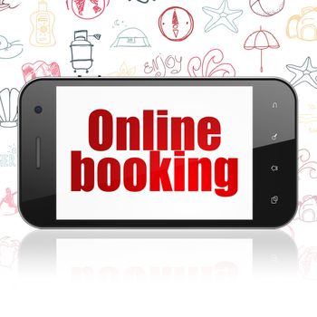 Travel concept: Smartphone with  red text Online Booking on display,  Hand Drawn Vacation Icons background, 3D rendering
