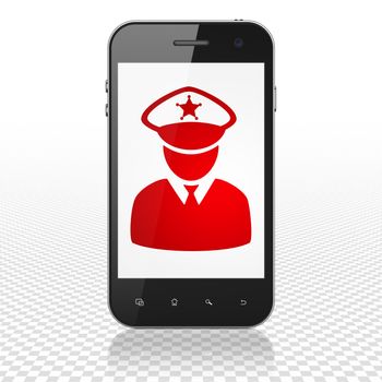 Law concept: Smartphone with  red Police icon on display,  Tag Cloud background, 3D rendering