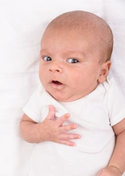 Mixed race south asian and caucasian newborn baby on white sheet