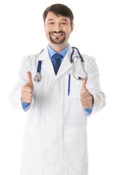 Happy smiling mature doctor with thumbs up gesture, isolated on white background