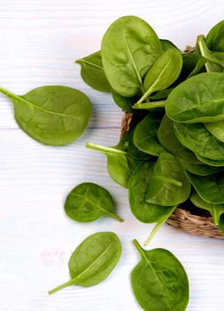 Small Raw Spinach Leafs in Wicker Plate Cross Section on Light Wooden background
