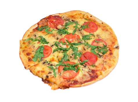 Cooked round pizza with tomatoes, mushrooms and arugula on a light background
