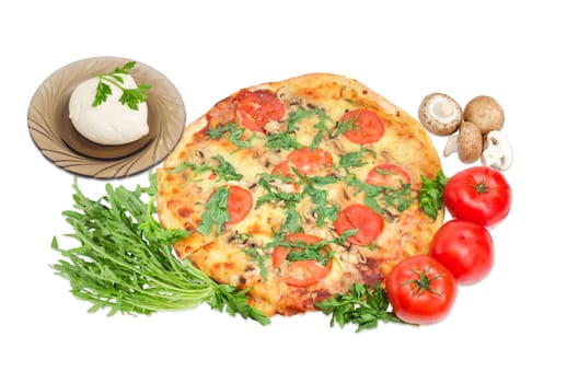 Cooked round pizza with tomatoes, mushrooms and arugula, mozzarella cheese, fresh tomatoes, mushrooms, parsley and bunch of arugula beside on a light background
