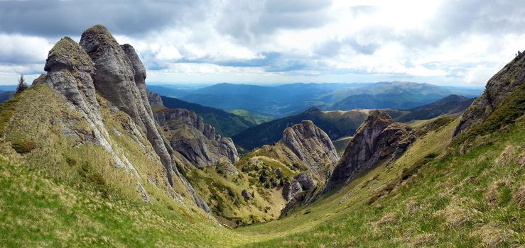 Panoramic view of Mount Ciucas on spring, part of Carpathian Range from Romania