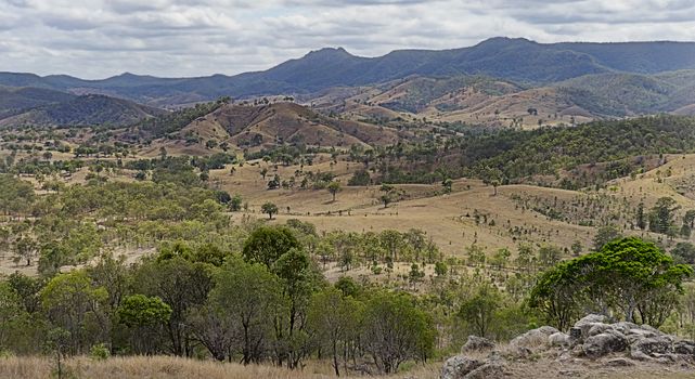 Mountainous hilly landscape view of the Great Dividing Range from Mount Perry lookout Queensland Australia